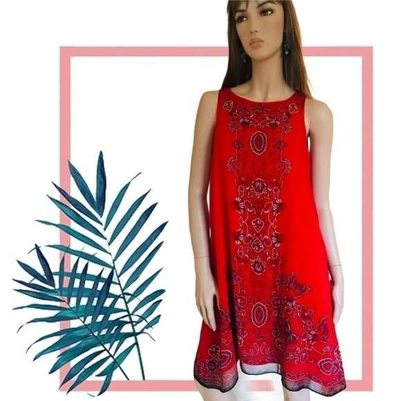 MAX Studio Asymmetrical Handkerchief Hanky Hem Red Graphic Print Butterflies - Picture 10 of 12